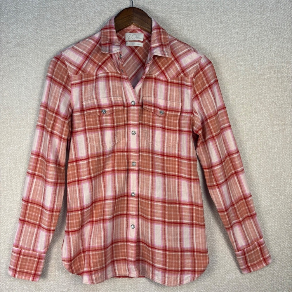 J.Crew Womens Slim Western Shirt Pink Orange Plaid Snap Button Cotton Size 2